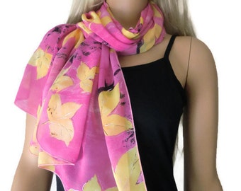 Pink and yellow long chiffon scarf with silver touched leaves-Parisian Neck Tissu