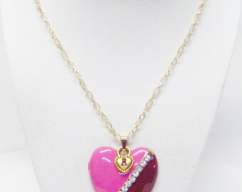 Light & Dark Fuchsia w/Rhinestone Heart Pendant Necklace