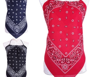 Bandana Halter Top Shirt - Red Navy Blue & Black - Casual Style Shirt - Womens Clothing - One Size - New