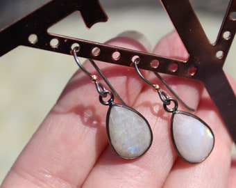 Moonstone & Gunmetal Bezel Earrings, Gray Hypoallergenic Niobium Ear Wires Adorned With A Copper Ball For Interesting Contrast, 1 1/4"
