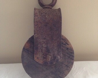 Antique Metal and Wood Barn Pulley - Primitive Farmhouse Decor