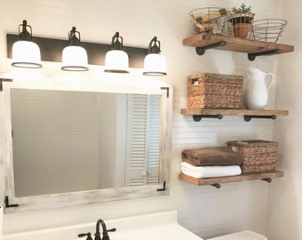 distressed floating shelves bathroom