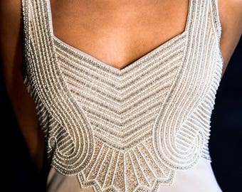 Taupe Evening Gown with pearl, sequin and beaded body