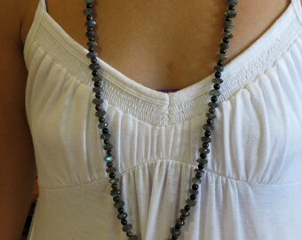 Labradorite,tiger ebony wood and Tahitian pearl necklace