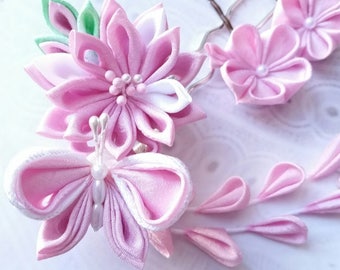 Kanzashi Pink White Chrysanthemum Butterfly Autumn Fall Festival Flower Prong Handmade By Mizusgarden