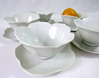 Bols - Lotus blanc bols et soucoupes - lot de 5 Fondue Sauce tulipe bols et assiettes de riz japonais vintages