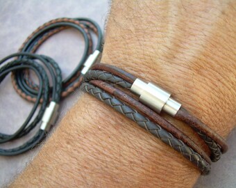 Men's Leather Bracelet, Men's Bracelets Leather, Leather Bracelet for Men, Stainless Steel Magnetic Clasp, Double Wrap, Men's Jewelry,