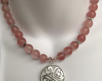 Pink beads and silver pendant necklace and earring set