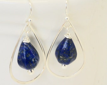 Navy Blue Earrings, Long Oval Dangles, Retro Sterling Silver Earrings, Sodalite Earrings, Fresh Modern Earrings, Blue Geometric Earrings