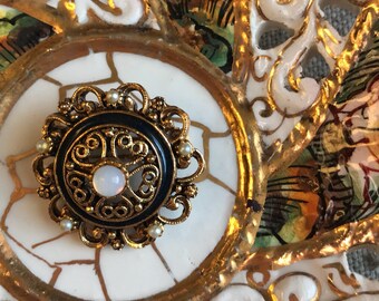 Vintage Florenza Black enamel and faux pearl and moonstone Designer Brooch
