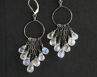Moonstone Earrings Moonstone Chandelier Earrings Oxidized Silver Moonstone Hoop Earrings Long Earrings Boho Chic Jewelry Statement Earrings
