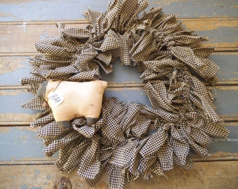 Sheep - Rustic Wreath - Sheep Door Wreath - Rag Wreath - Primitive Wreath - Rustic Door Wreath - Black and Natural White - BAA - Gingham