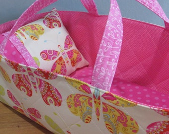Doll Carrier, Butterfly, Pink Lining, Will Fit Bitty Baby and Wellie Wisher Dolls, 16 Inch Doll Carrier, Baby Doll Basket