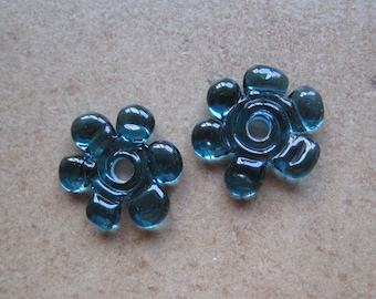 Lampwork Beads - SueBeads - Disc Beads - Disc Flowers - Teal (Blue/Green) Cut Disc Flower Bead Pair - Handmade Lampwork Beads - SRA M67