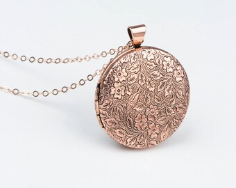 Photo Necklace, Layered and Long Rose Necklace Locket, Floral Rose Gold Lockets, Rose Gold Jewelry, Paisley Leaves Pink Jewelry