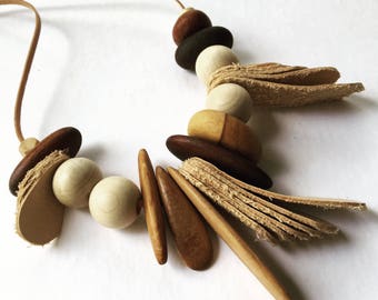 Recycled leather with Australian timber beads necklace by Mainichi