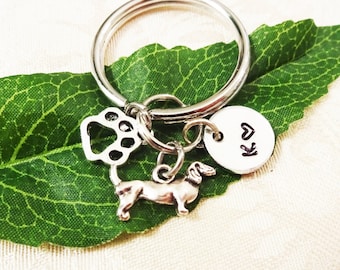 DACHSHUND DOXIE DOG & paw with initial charm - Choose keyring, clasp or heart keyring - One flat rate shipping in my shop :)
