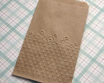 20 Embossed Kraft Paper Bags Dots and Scrolls 3 1/4 x 5 1/4 inches