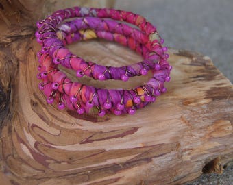 Hand Dyed Cotton Bangles Bracelet,Bangle Stack,Stackable Bangle,Stackable Bracelet,Beaded Bangle,Cotton Wrapped,Wire Wrapped, Eco Friendly