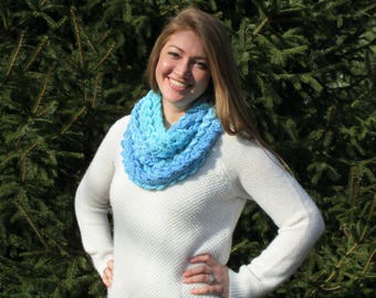Women's Handmade Crochet Infinity Hairpin Lace Scarf- Shades of Blue