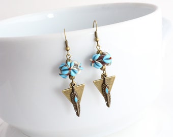Blue and chocolate Lampwork Flower Earrings