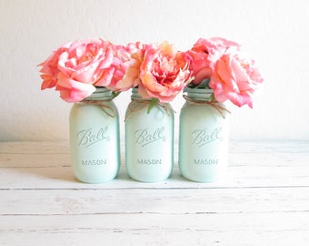 Mason Jar Decor - Painted Mason Jars - Mint Green Mason Jars - Mint Centerpiece - Mint Green Wedding Decor - Mint Flower Vases