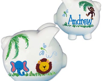 Hand Painted Personalized Jungle Animal Piggy Bank Custom baby boy girl banks with elephant lion safari animals Zoo nursery PIGG-whi63