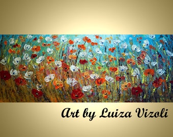 ORIGINAL Abstract HUGE 60x24 Flowers Landscape Large Painting Prairie Field by Luiza Vizoli Ready to Hang
