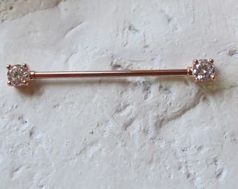 Rose Gold Plated Prung Set Industrial Cartilage Barbell..14g..35mm..5mm Cz's