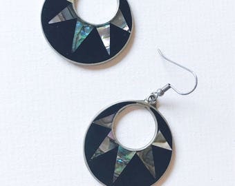 Vintage Alpaca MOP Shell Round Dangle Earrings