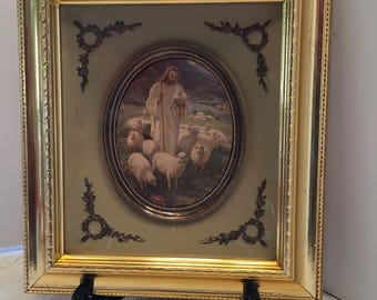 Religious Picture ~ Jesus with Sheep ~ Shepherd with Sheep ~ Shadow Box Picture ~ Gold Frame ~ Vintage