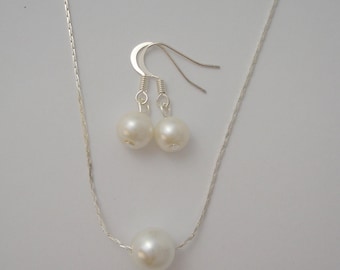 Single Floating Pearl Bridesmaid Jewelry Set - Necklace and Earrings, bridesmaid gifts