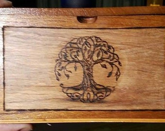 Pyrographed Upcycled Wood Cigar Box, One Image on Front Only