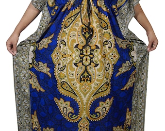 Bohemian Womens Fashion Maxi Caftan Kimono Sleeves Printed Blue Ethnic Long Kaftan Dress 4XL