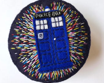 Wool felt pincushion with Dr Who's TARDIS flying through time and space