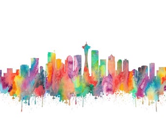 Seattle Skyline Print - Seattle Watercolor, Seattle Print, Seattle Poster, Seattle Washington Decor, Seattle Painting, Seattle Art Cityscape
