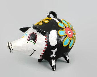 Dia De Los Muertos Pig, Day of the Dead, Upcycled Vintage Piggy Bank, Paper Mache, Flowers, OOAK Hand Painted Papermache Piggy Bank