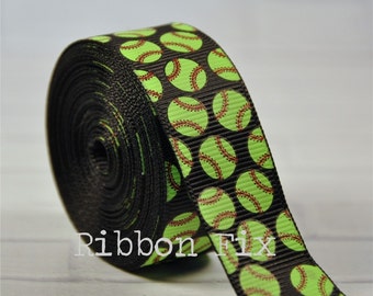 7/8" Black Softball Print Grosgrain Ribbon - Fast Pitch - Diamond - Home Base - Field - Team Bows - Bat & Ball - Glove - Mitt - Ponytail