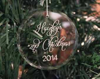 Premier Round Crystal Christmas Ornament, 2nd Christmas, Engraved Christmas Ornament