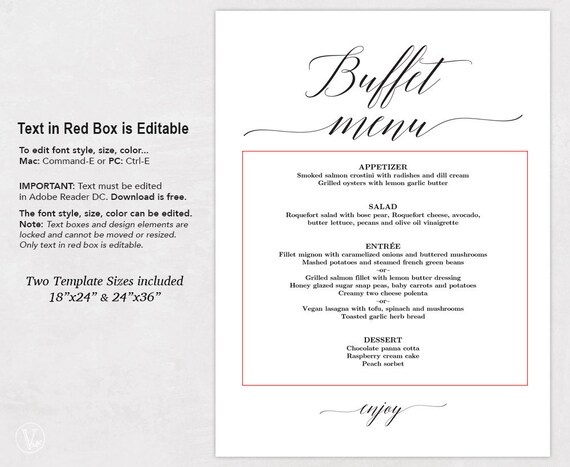 wedding buffet menu sign printable wedding menu template