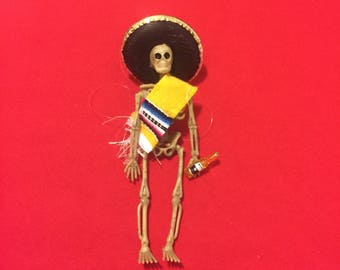 Yellow Sarape day of the dead skeleton ornament with a beer #6