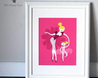 8X10" ballerina mother and daughter giclee print on fine art paper. fuchsia pink, plum purple, yellow blonde hair, caucasian.