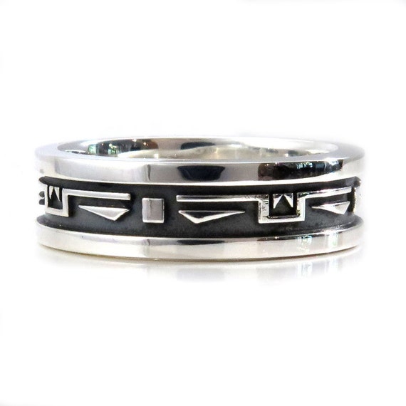 Mens Southwest Art Deco Silver Wedding Ring - Handmade Sterling Band