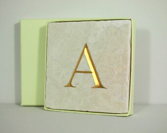 Hand Carved Gold Letter 'A' in Stone Wall Tile. Personalised Gift. Letter Carving. Wall Hanging. Decorative Arts