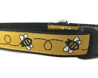 Dog Collar, Bumblebee, 1 inch wide, adjustable, quick release, metal buckle, chain, martingale, hybrid, nylon