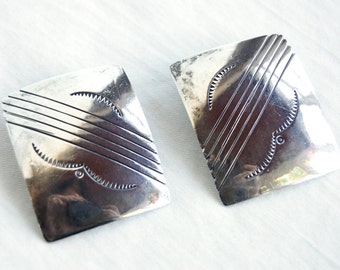 Large Southwestern Stamped Earrings Sterling Silver Rectangle Posts Vintage Southwest Statement Jewelry Western Cowgirl