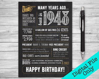 5x7 - 70th Birthday, Printable Folding Greeting Card, Many Years Ago Back in 1948, Instant Digital Download, DIY Print at Home, Chalk
