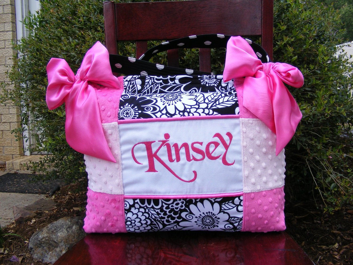 Hot Pink n Light Pink Minky Dot Girl Diaper Bag Black and with