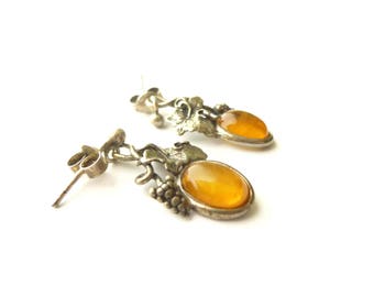 Silver and amber earrings - vintage earrings dangle boho Bohemian leaf vine grape - women gift