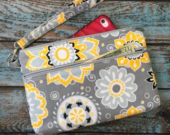 Wristlet; Gold & Gray Floral Medallion Wristlet Wallet; Phone Wallet; iPhone 7 Wristlet; Cell Phone Wristlet; Cell Phone Purse; Clutch
